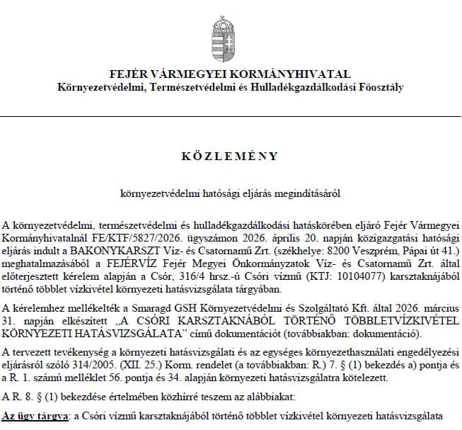 Közlemény a Csóri vízmű többlet vízkivétele kapcsán